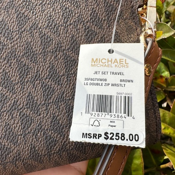 Michael Kors Jet Set Travel Large Double Zip Phone Wallet Wristlet MK Brown - Picture 8 of 9